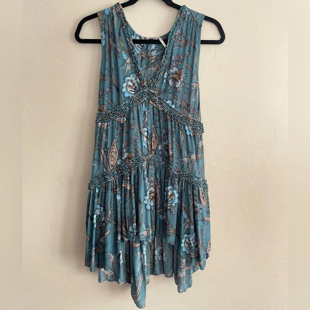 🌎Free People Floral Haze Hummingbird Turquoise Boho Tunic NWT~Small - Picture 12 of 13